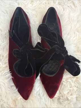 Tory Burch Clara Burgundy Velvet Pointed Flats with Black Velvet Bow